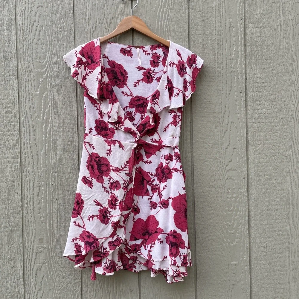 Free People French Quarter Ruffled Mini Wrap Dress Size small Red white Fairycor - Picture 3 of 13
